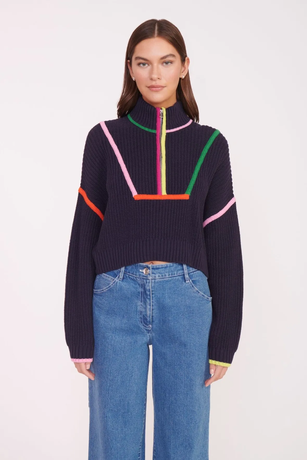 Best Sellers|Knits<STAUD CROPPED HAMPTON SWEATER NAVY MULTI NAVYMULTI