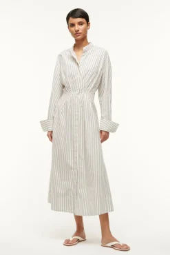 Poplin Shop|Dresses<STAUD MIDI LORENZA DRESS  IVORY MICRO STRIPE IVORYMICROSTRIPE