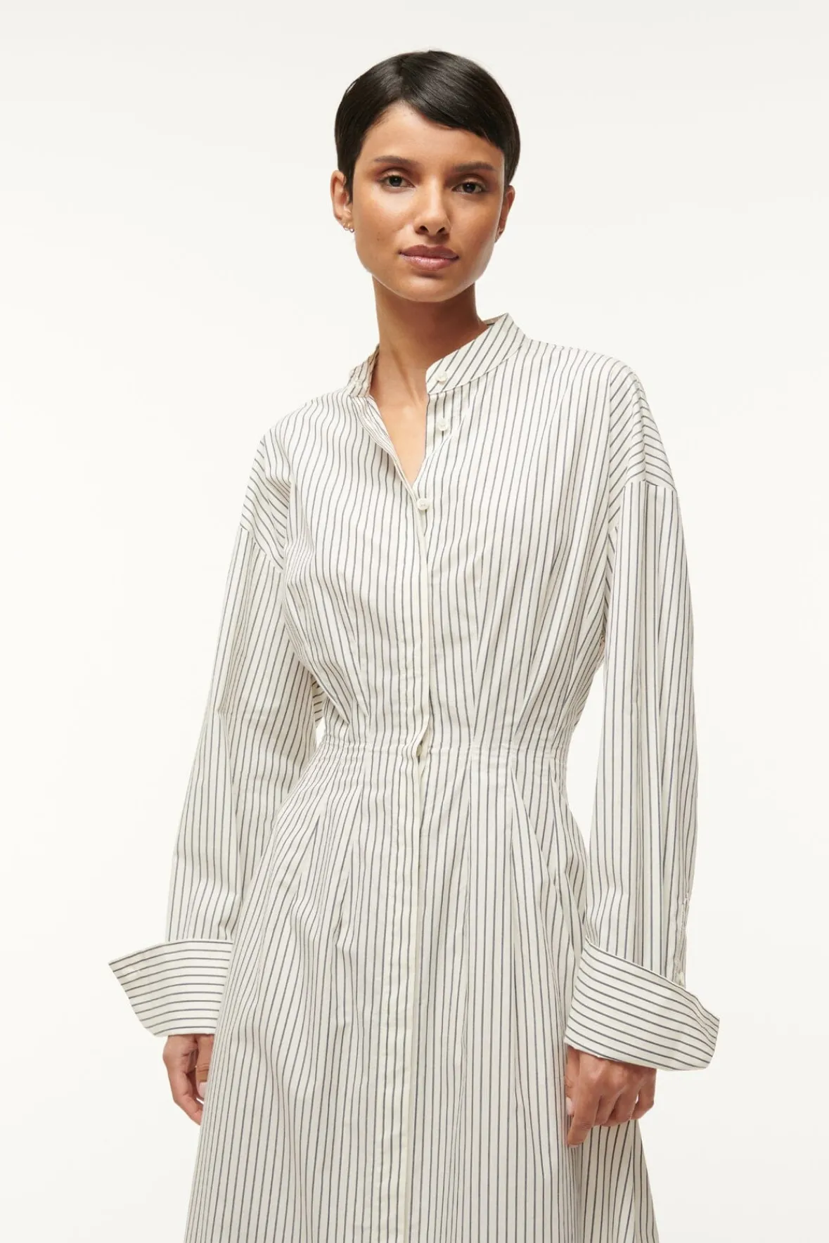 Poplin Shop|Dresses<STAUD MIDI LORENZA DRESS IVORY MICRO STRIPE IVORYMICROSTRIPE
